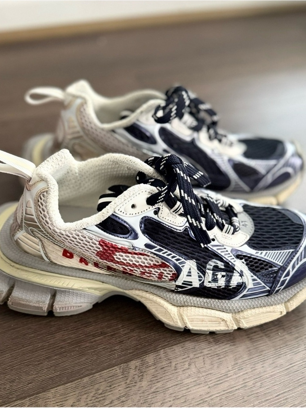 Pre Owned Men’s Balenciaga Blue, White & Red Track-Style Athletic Sneakers